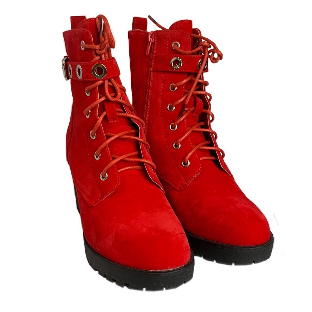 Koi Animal Friendly Suede Lace Up Zipper Rubber Sole Biker Ankle Boots Red - Picture 4 of 8